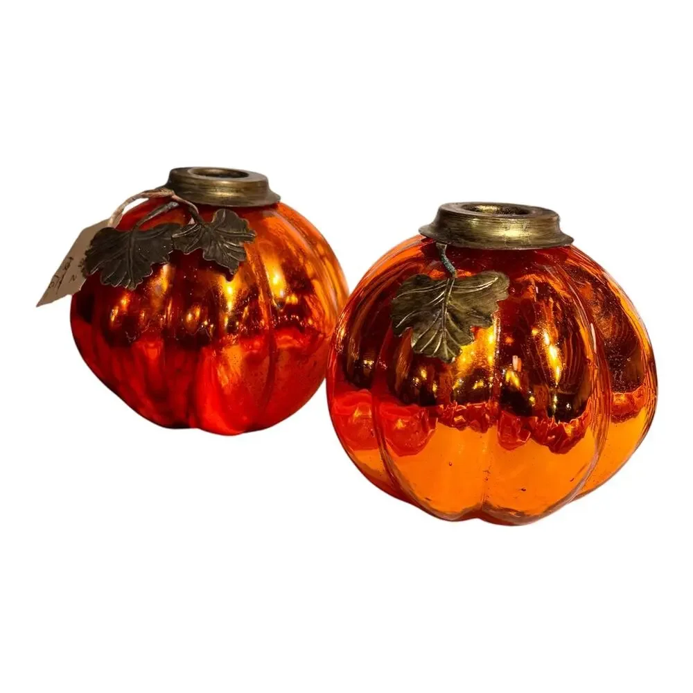 Pair of Orange Mercury Glass Pumpkin Shaped Candle Holders 4 inches